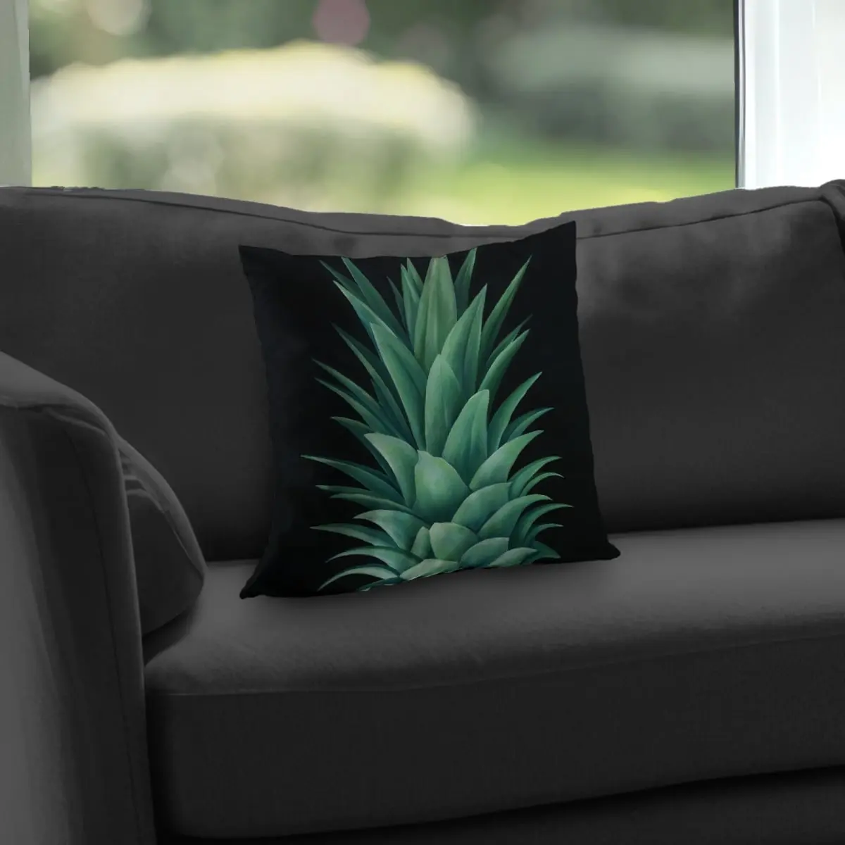 360 Stand Black Poly Twill Throw Pillow (Throw Cushion) with Plush Insert, 14x14 in, Pineapple Leaf Print, Tropical Vibe Accent for Living Room, 14-Inch Pillow Inserts, Comfy Cushions, Creative Decorative Cushion