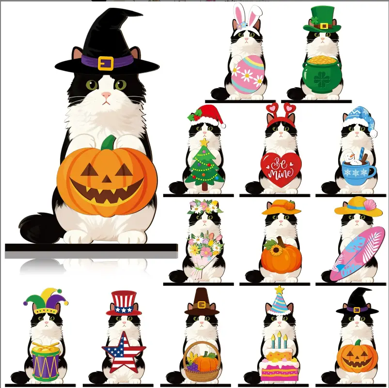Cat Sign Gift Halloween Decor Cat Ornaments Wooden Sign Cat Desk Decor Interchangeable Pet Decor with Magnet Detachable Hats for Summer Halloween Autumn Holiday Seasonal Birthday Party, Gift for Pet Owning Families and Cat Lovers