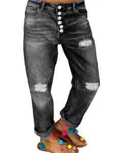 New Women's Plus Size High Waist Multi-Buckle Elastic Jeans, Ripped Denim Jeans Street Style All-Season Wear