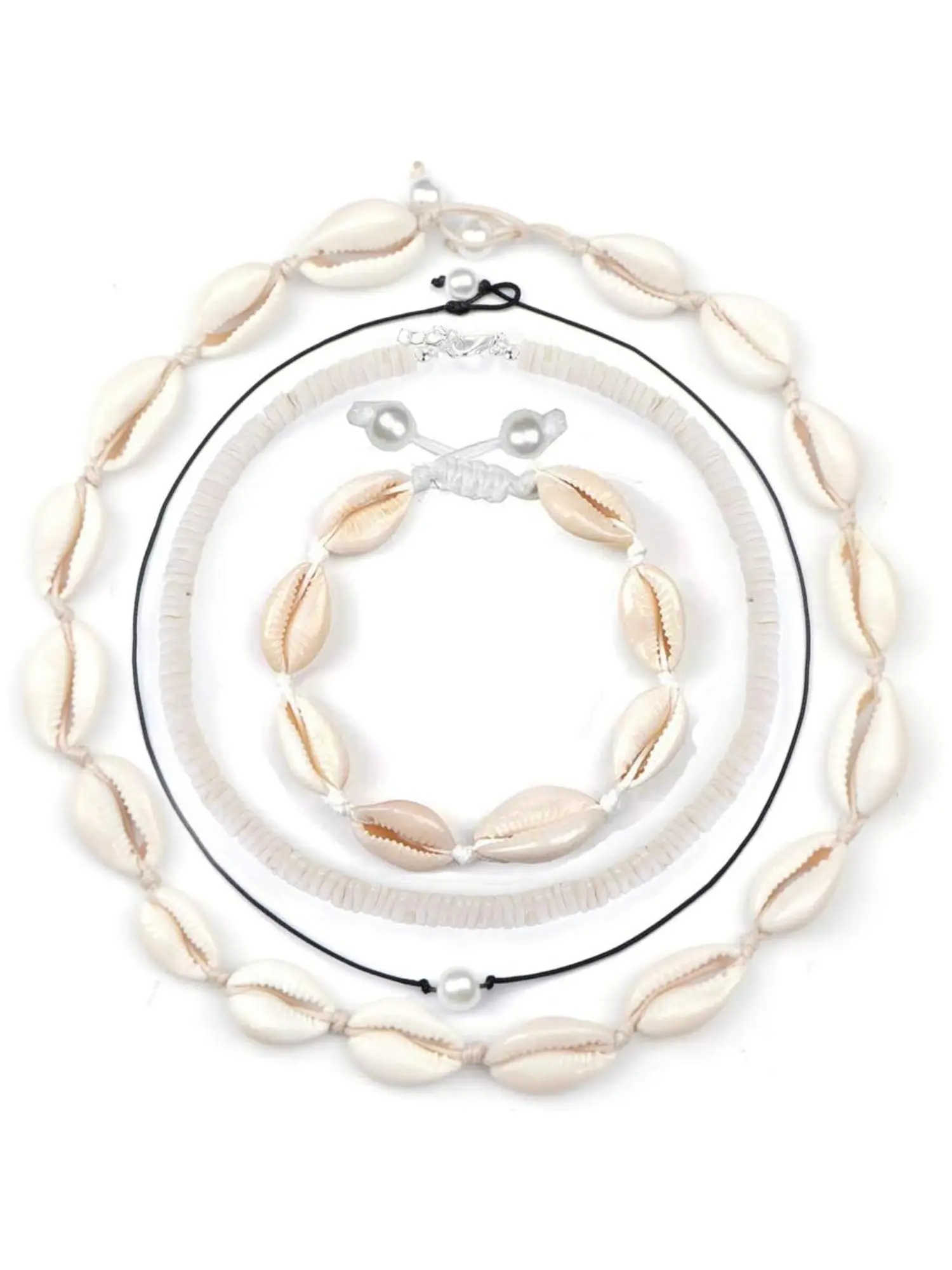 4 Pcs Beige Handmade Cowrie Shell Necklace Bracelet Set for Women Men Boho Accessory for Surfing Daily Wear Bohemian Beach Shell Jewelry Adjustable Hawaiian Surfer Choker Anklet Summer Vacation Beach Jewelry Set Elegant Jewelry Set
