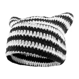 Cat Ear Beanie for Women Men, Crochet Knitted Hat with Ears Cat Beanie Y2k Winter Hat Slouchy Beanie, Christmas Gifts for Men Women