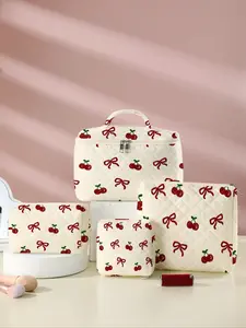 Large Capacity Cherry Bow Print Makeup Bag Travel Organizer Set, Stores Brushes Skincare Cosmetics, Perfect for Women Girls Gym Vacation