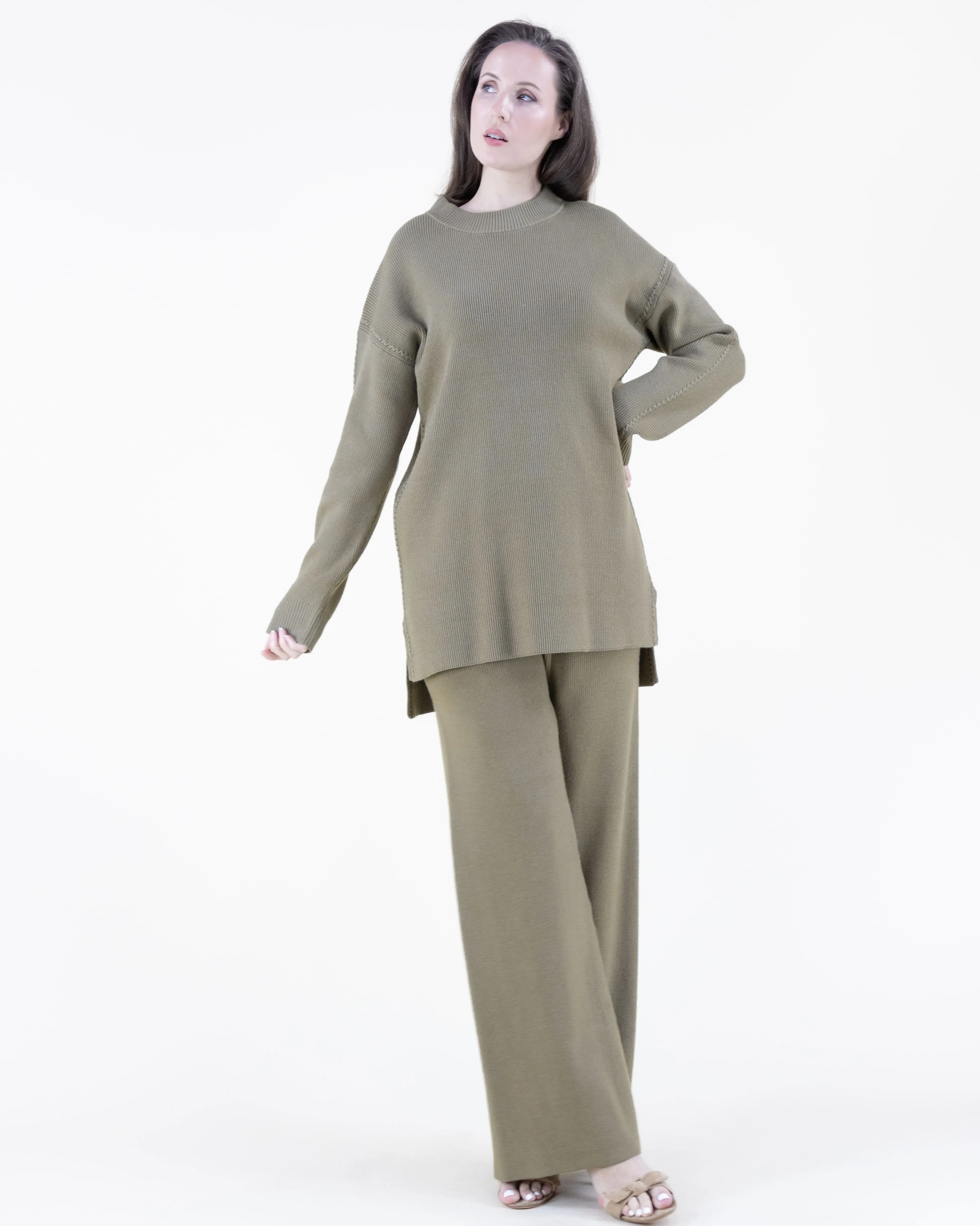 Original USA Women's 2-Piece Loungewear Set, Solid Viscose Knit Long Sleeve High-Low Tunic with High Waist Wide-Leg Pants for Casual Wear