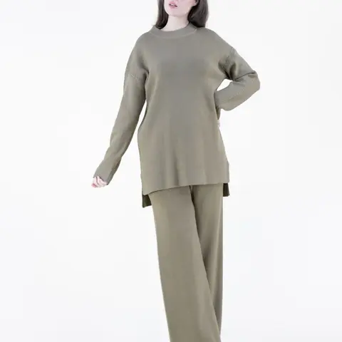 Women's 2-Piece Knitting Viscose Solid Basic Set - Pull-On Long Sleeve High-Low Tunic Top, High Waist Full Length Straight Wide-Leg Pants, Loose Soft Chic Minimalist Loungewear-Casual Wear, Hand Wash Only
