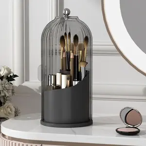 Makeup Brush Holder Organizer with Lid,360 Rotating Clear Dustproof Makeup Brushes Organizer for Vanity Desktop Bathroom Countertop, Black