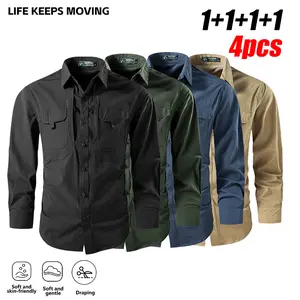 Men's Solid Color Pocket Button Front Collar Shirt Regular Fit Casual Long Sleeve Turn-Down Collar Top for Spring Autumn Outdoor Workwear Uniform Top