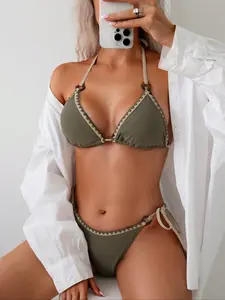 Women's Sexy Fitted Style High Waist Design Bikini Set with Floral Decoration, Thin Rope Detail, Two-Piece Swimsuit for Beach and Pool, All Seasons Wear