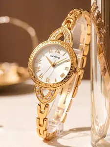 French Vintage Gold Watch, Full Gold Strap with Diamond Accents, Roman Numeral Dial, Carved Bezel, Casual Quartz Wristwatch for Women