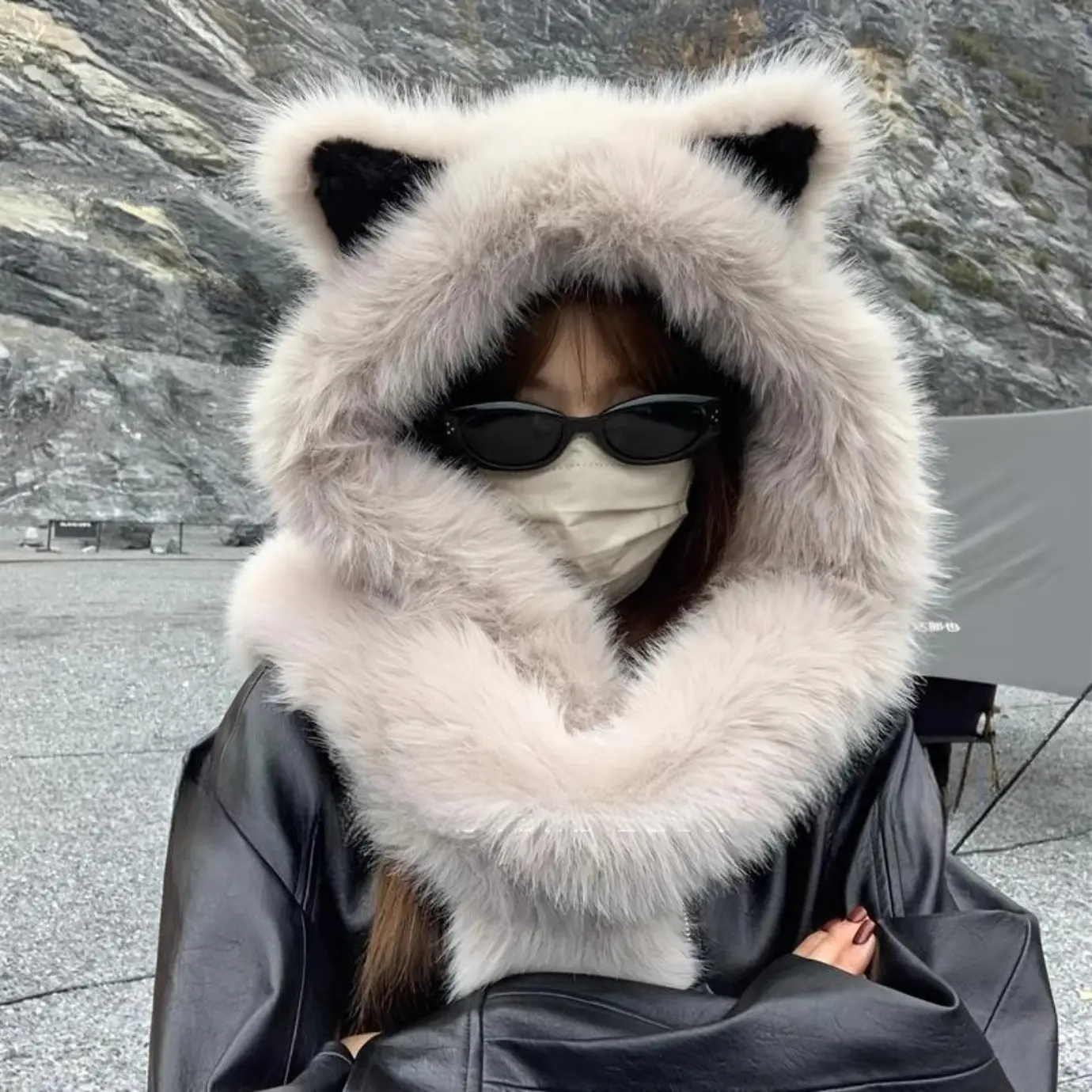 Unisex Fleece Hat with Scarf - Synthetic Soft Polyester Faux Fur Cat Ear Velvet Design, Jacquard Knit, Toggle Switch Closure, Lightweight Winter Automotive & Motorcycle Protective Gear Accessory, Hat + Scarf, Switch Close