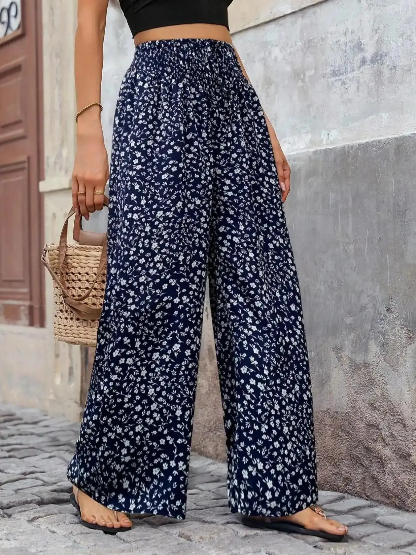 Graceful Ditsy Floral Print Shirred Tie Front Wide Leg Jersey Pants, Boho Frenchy Style Chic Casual High Waist Fit Trousers for Beach Vacation Holiday, Women's Bottoms for Summer, Womenswear, tailored comfort, sleek line