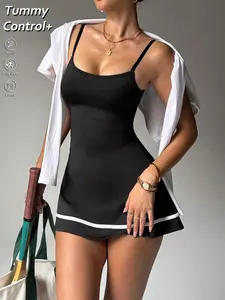SLYNVIA Adjustable Strap Color Block Short Jumpsuit Dress Sports Outfit Spring Summer Athletic Gym Women