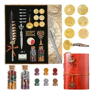 Feather Quill Pen & Ink Set – Calligraphy Kit with Wax Seal Stamps & Leather Journal