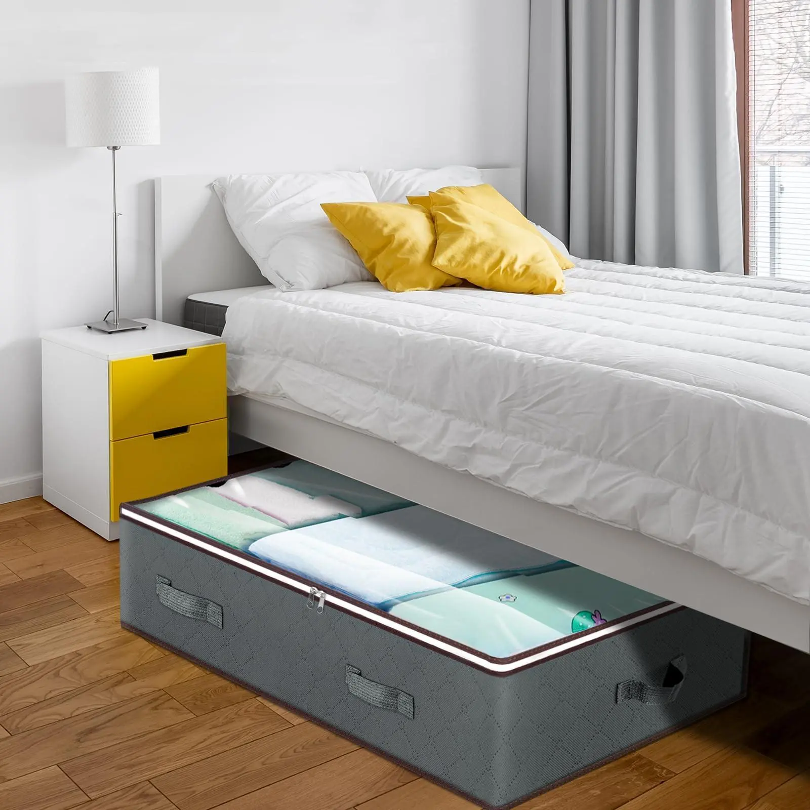 4PCS 90L Under Bed Storage Containers Closet Organizers Foldable Storage Bags for Blanket Clothing Comforter Sweaters Pillows Linen Sheets Grey With Zip Room