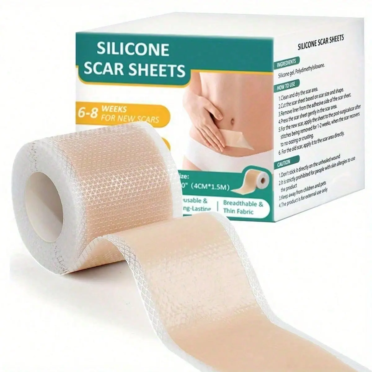 1.5m Silicone Scar Sheets -Skin Care Beauty Patch, Hypoallergenic, Breathable, Reusable for Scar & Stretch Mark Cover, Cover Surgical Scar, Moisturize Skin
