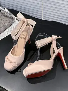 Ballet Flat Satin Strap High Heels, Square Toe Thin Heel, Soft Atmosphere, Perfect for Dates and Commuting, Versatile Women's Shoes