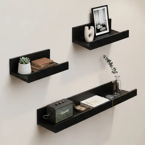 Spaco Black 23.6in MDF Maple 3-Piece Corner Hanging Floating Shelf Set - Invisible Brackets, Wall Mount Design, Decorative Durable Multifunctional Organizer, House Decor, Room Decor, Space-Saving Home Supply for Bedroom