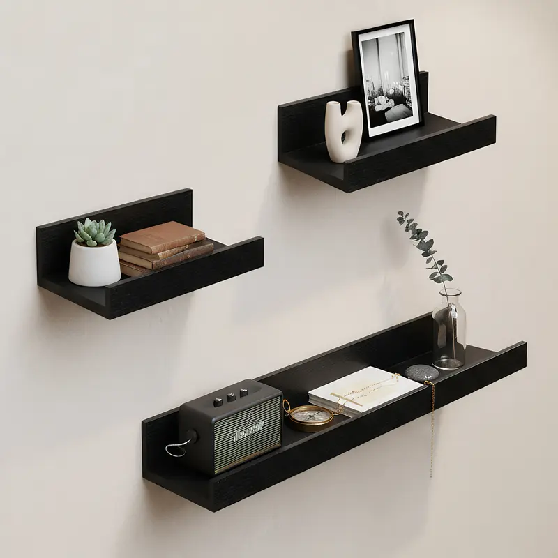 Spaco Black 23.6in MDF Maple 3-Piece Corner Hanging Floating Shelf Set - Invisible Brackets, Wall Mount Design, Decorative Durable Multifunctional Organizer, House Decor, Room Decor, Space-Saving Home Supply for Bedroom