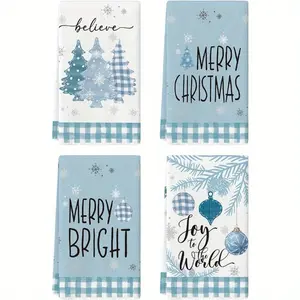 Set of 4 Christmas Kitchen Towels, Blue Pine Tree Design, 16x24 Inches, Polyester Fiber Dish Cloths, Winter Holiday Decorations