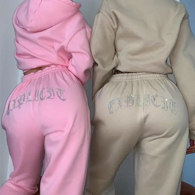 Quality Fashion Sports Casual Hooded Rhinestone Sweatshirt Set Two-Piece Set