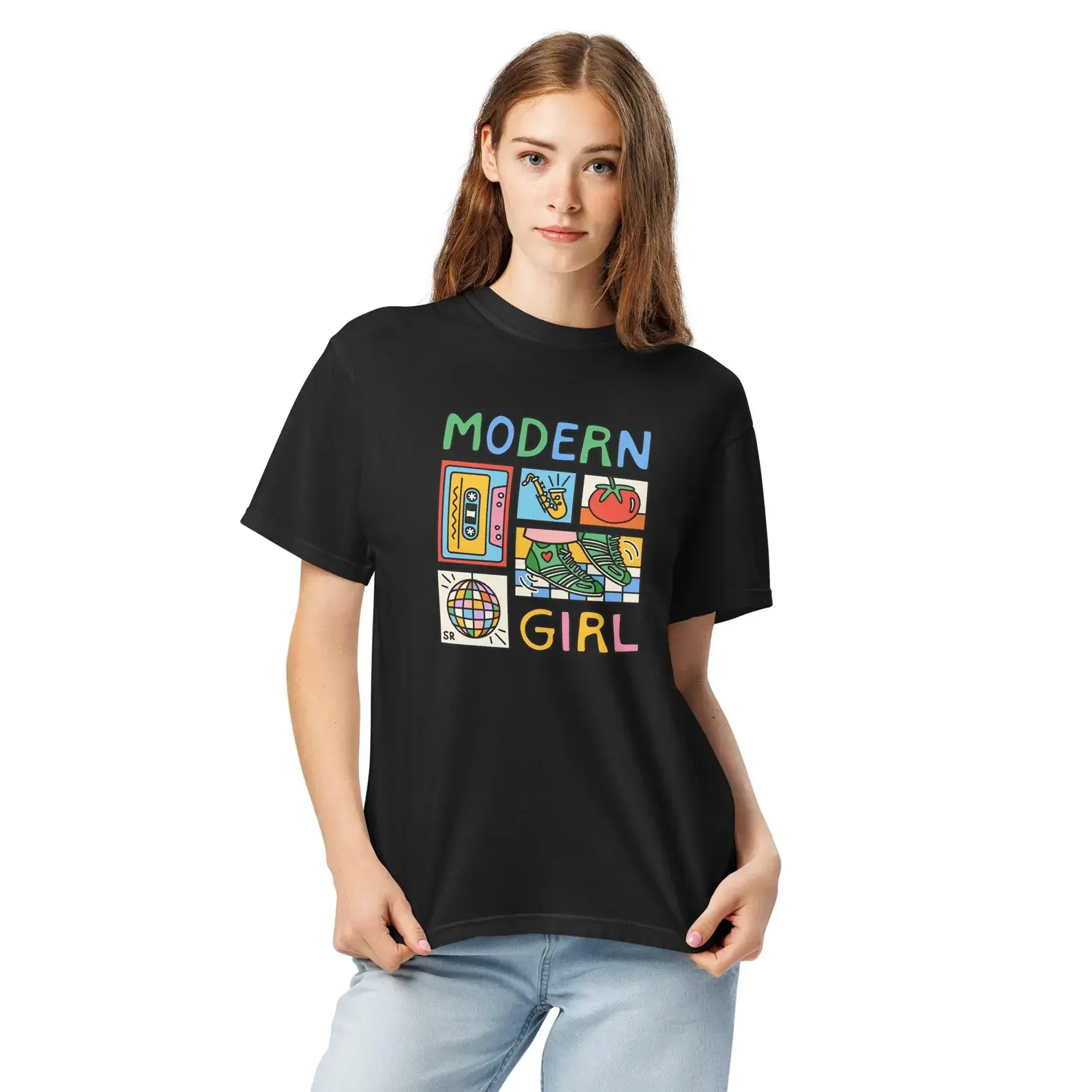 White Women’s Vintage T Shirt Modern Girl Colorful Grid Collage Disco Ball Cassette Sax Retro 90s Casual Short Sleeve Top