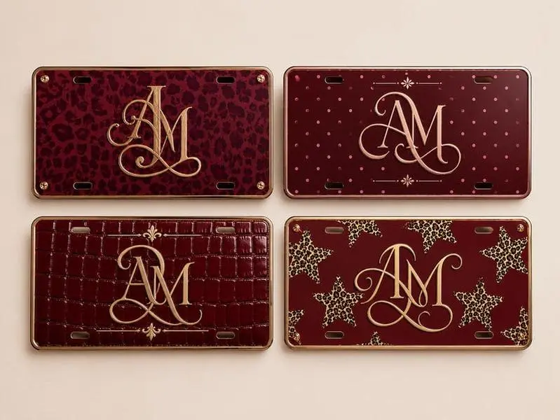 [ BEST SELLER ] Custom Monogram License Plate, Burgundy Leopard, Crocodile, Star or Polka Dot Personalized Car Tag
