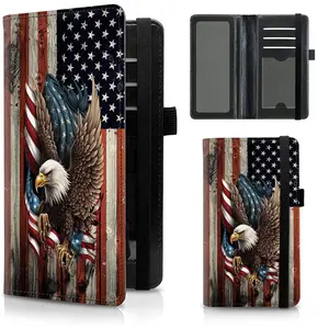 Leather Checkbook Covers for Men Women Check book Holder Cover Wallets for Personal Checkbook Duplicate Checks with RFID Blocking & Elastic Strap-Bald Eagle with Flag