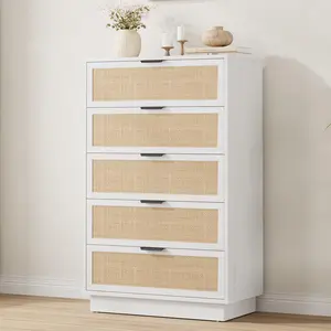 Garvee MDF+PB Vertical Narrow Edge 5-Drawer Chest with Durable Construction, Space-Saving Design, Elegant Rattan Weave, Sturdy Storage, and Modern Style