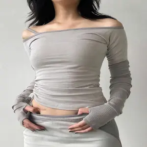 Women's Minimalist Colorblock Ruched Drawstring Asymmetrical Neck Tee, Casual Comfort Long Sleeve Womenswear T-Shirt for Spring & Fall, Women's Basic Top for Lady Daily Wear, Please Purchase A Size Up