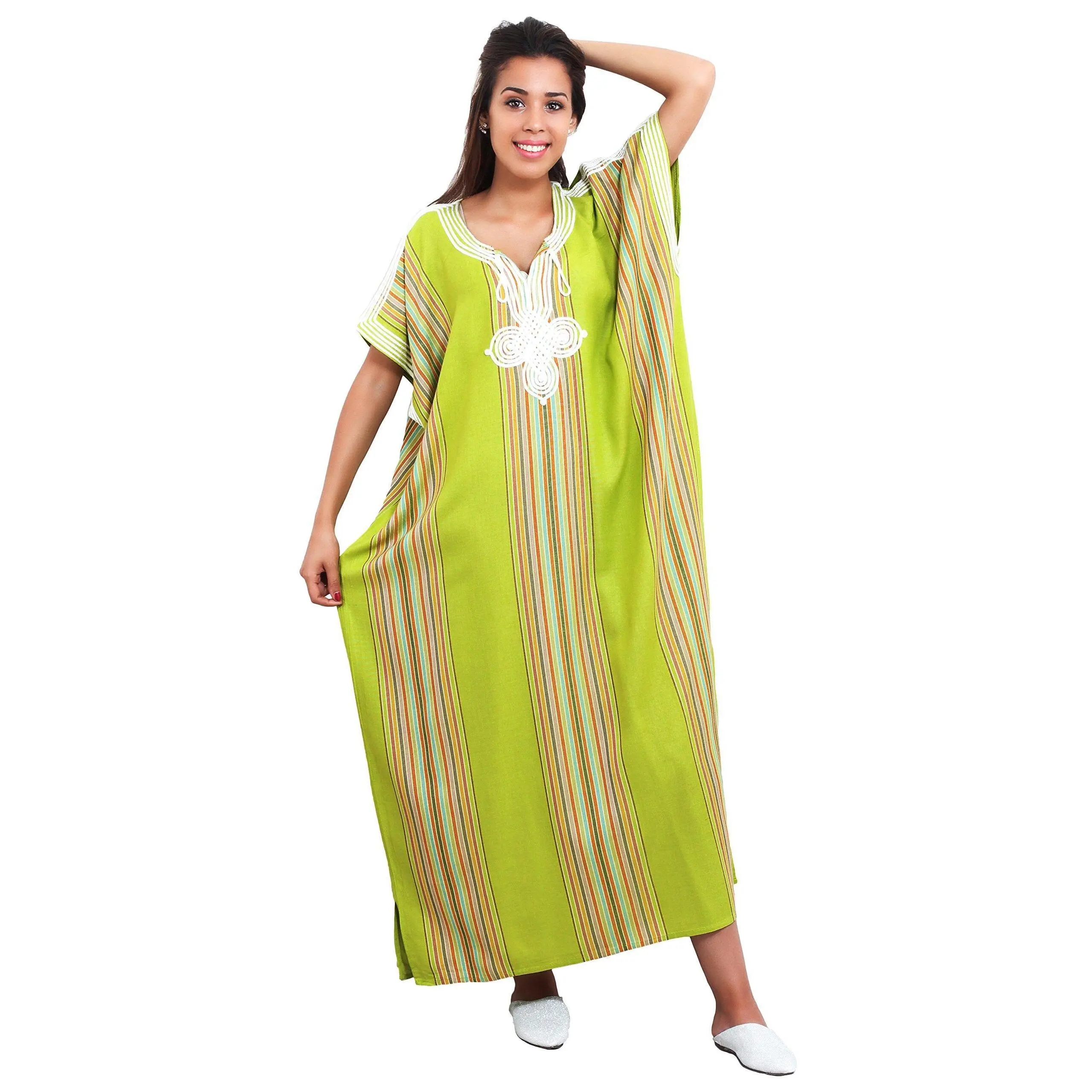 Moroccan Caftans Women Light Linen Handmade Embroidery SMALL to LARGE Lime