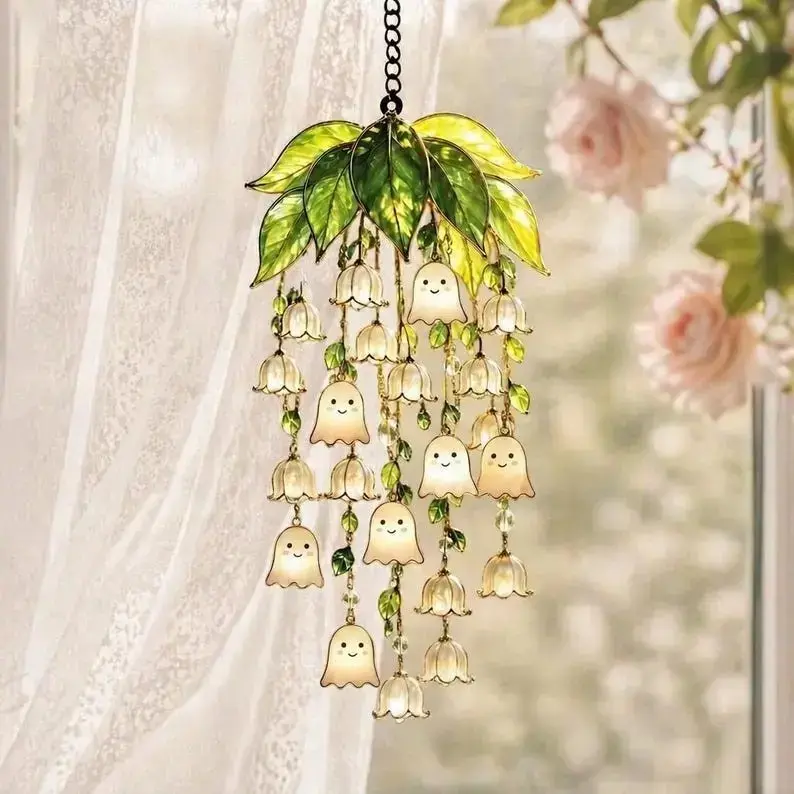 Cute Ghost Lily of the Valley Wind Chime Suncatcher - Cottagecore Halloween Hanging Ornament for Window Bedroom Patio Decor - Whimsical Pastel Goth Stained Glass Aesthetic Gift