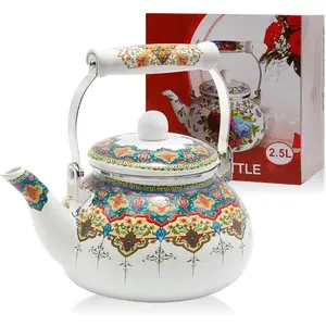 Colorful Water Tea Kettle, Tea Kettle Pot for Stove, Large Porcelain Enamel Tea Kettle 2.5L, Retro Classic Design (Style3)