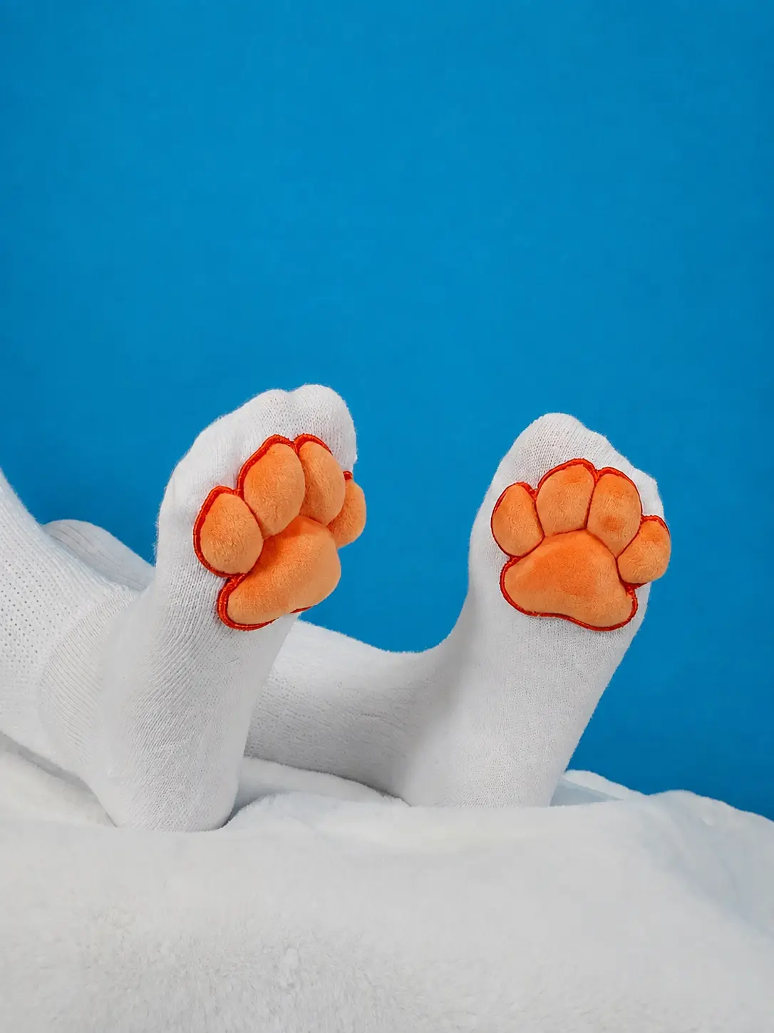 Orange Plush Mochi Paw Pads on White Thigh High Socks