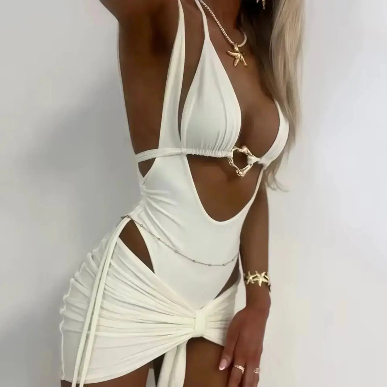 Golden Tide Cutout Swimsuit Set (Cream) 🚚 Ships in 1 Business Day