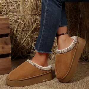 Women’s Winter Slippers Fleece Lined Platform Clogs Ethnic Pattern Slip-On Mini Snow Boots Warm Shoes Non-Slip Sole Indoor Outdoor Shoes