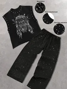 Men's Rhinestone Back Vest Short Sleeve Graphic T-Shirt & Silver Color Straight Leg Pants Set, Casual Fit, Perfect for Daily Wear, Fashionable Men's Clothing, Menswear, Outfit