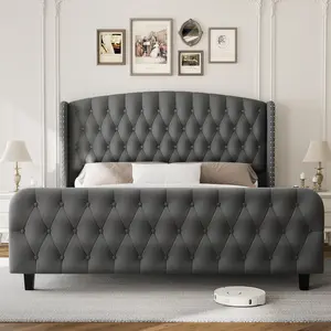 QUEEN/King Bed Frame with Tall Wingback Tufted Headboard & Footboard, Upholstered Platform, Easy Assembly, Noise Free, No Box Spring Needed, Light Gray