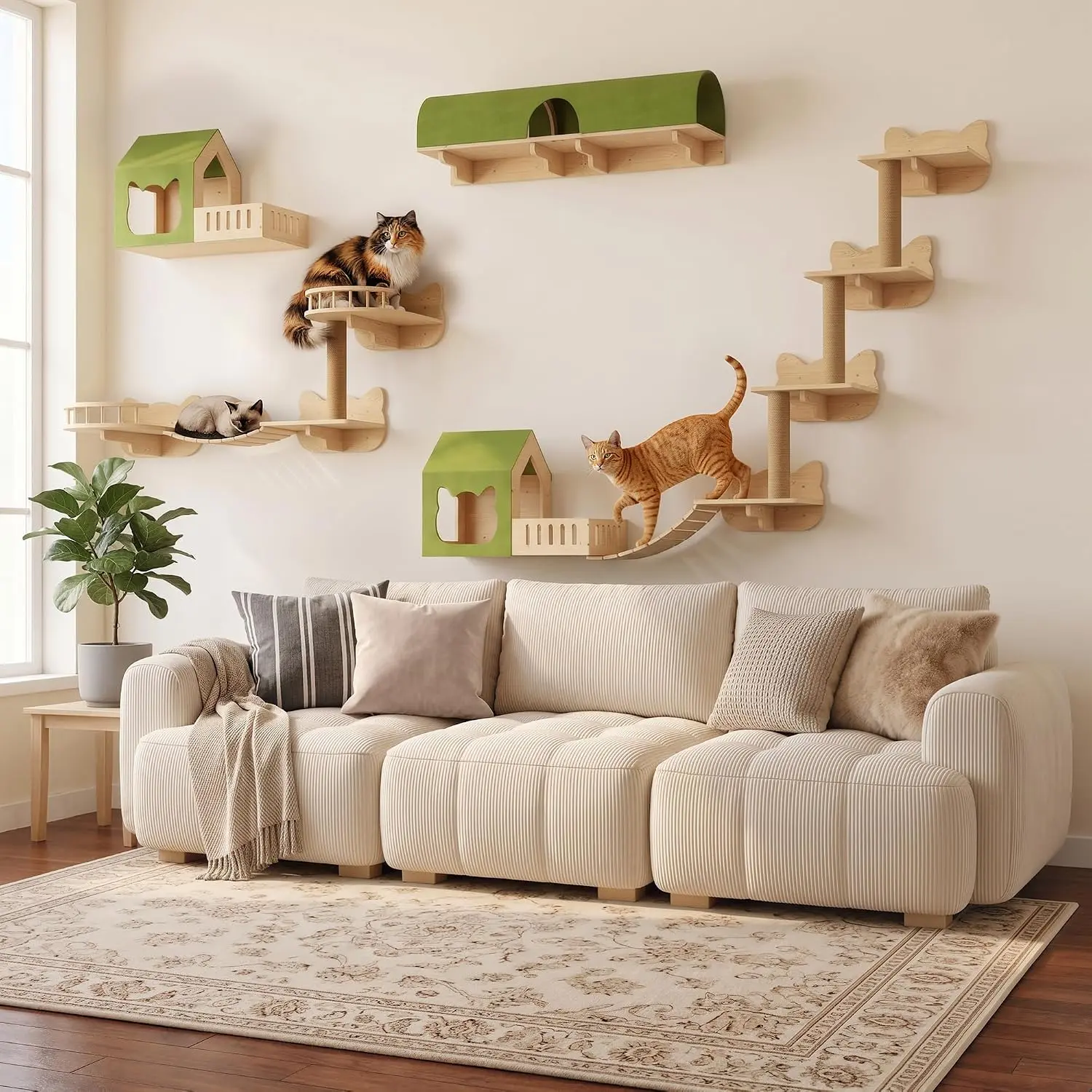 PUKAMI 16-in-1 Cat Wall Shelves, Solid Pine Wood Cat Climbing System with Tunnel, Perch, Bridge, Condo and Sisal Scratching Post, Indoor Wall-Mounted Furniture for Cats