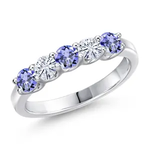 Gem Stone King 925 Sterling Silver Blue Tanzanite and White Moissanite Wedding-Bands Alternate Ring For Women | 0.86 Cttw | Round 3.5MM | Gemstone December Birthstone | Size 5 - 9