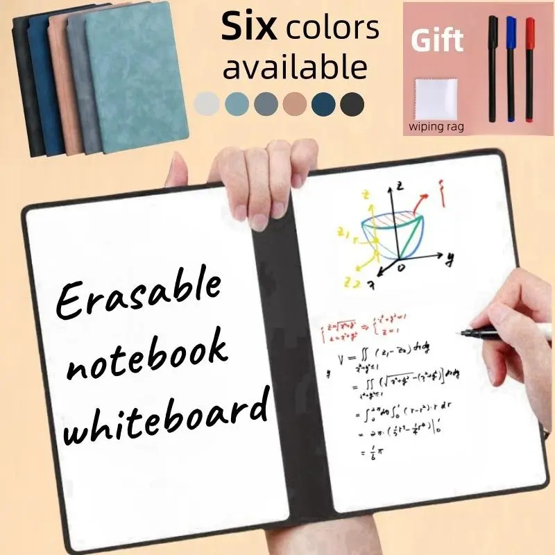 Portable Erasable Whiteboard Notebook, 1 Set Including 1 Count Reusable Whiteboard Notebook, 3 Counts Mixed Color Whiteboard Pen and 1 Count Wiping Ra