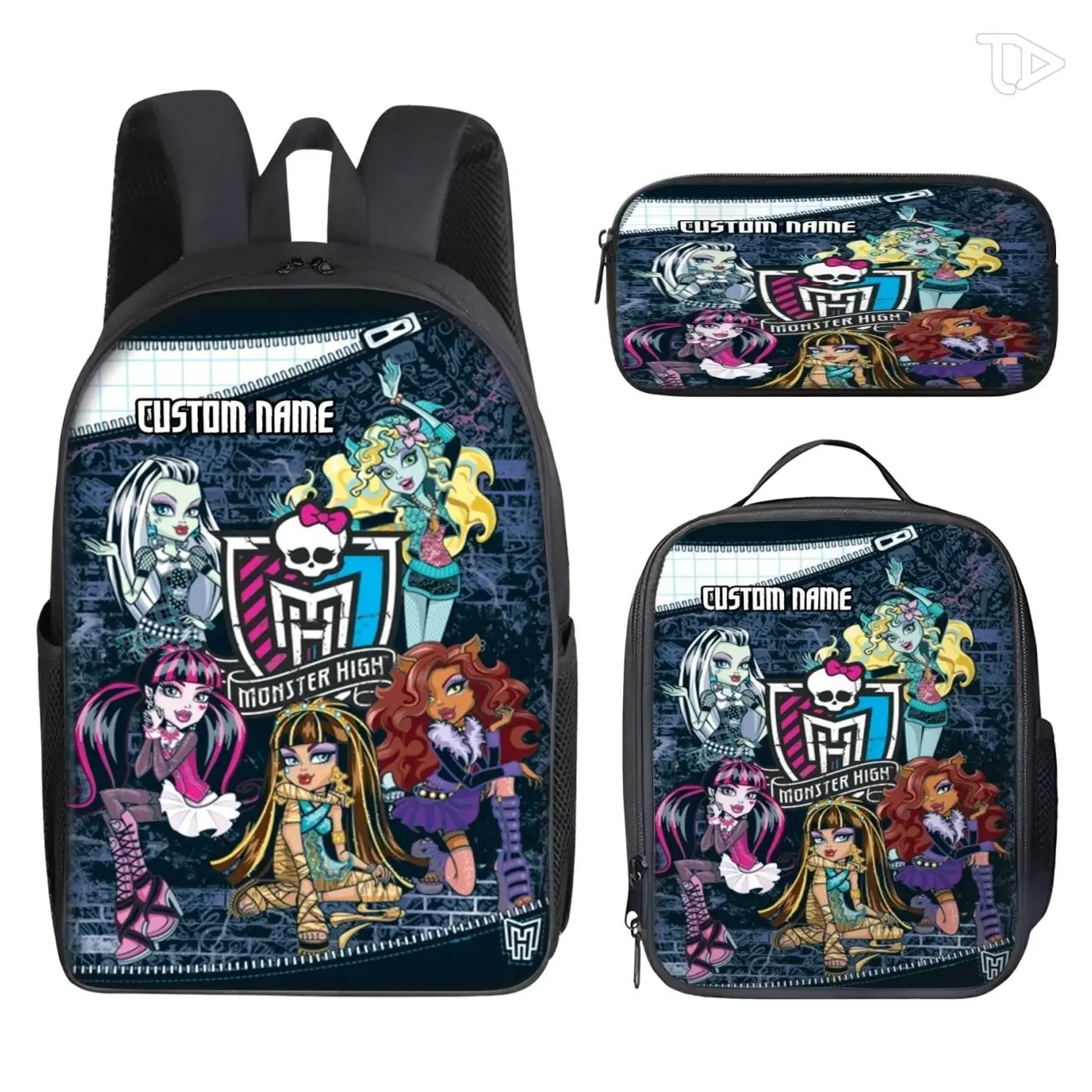 Custom Name Cute Monster Girl Academy 3-in-1 Bookbag Set | Student Backpack Insulated Lunch Bag Pencil Case | Personal Gift