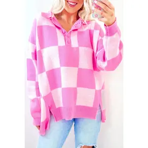 Pink Checkerboard Half Button Collared Drop Shoulder Sweater