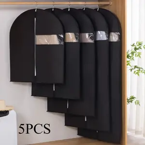 5-piece set of black transparent window garment dust covers, Household dust cover - breathable elastic edge wardrobe storage bags, home dormitory wardrobe organizing covers (hand wash only), transparent window design