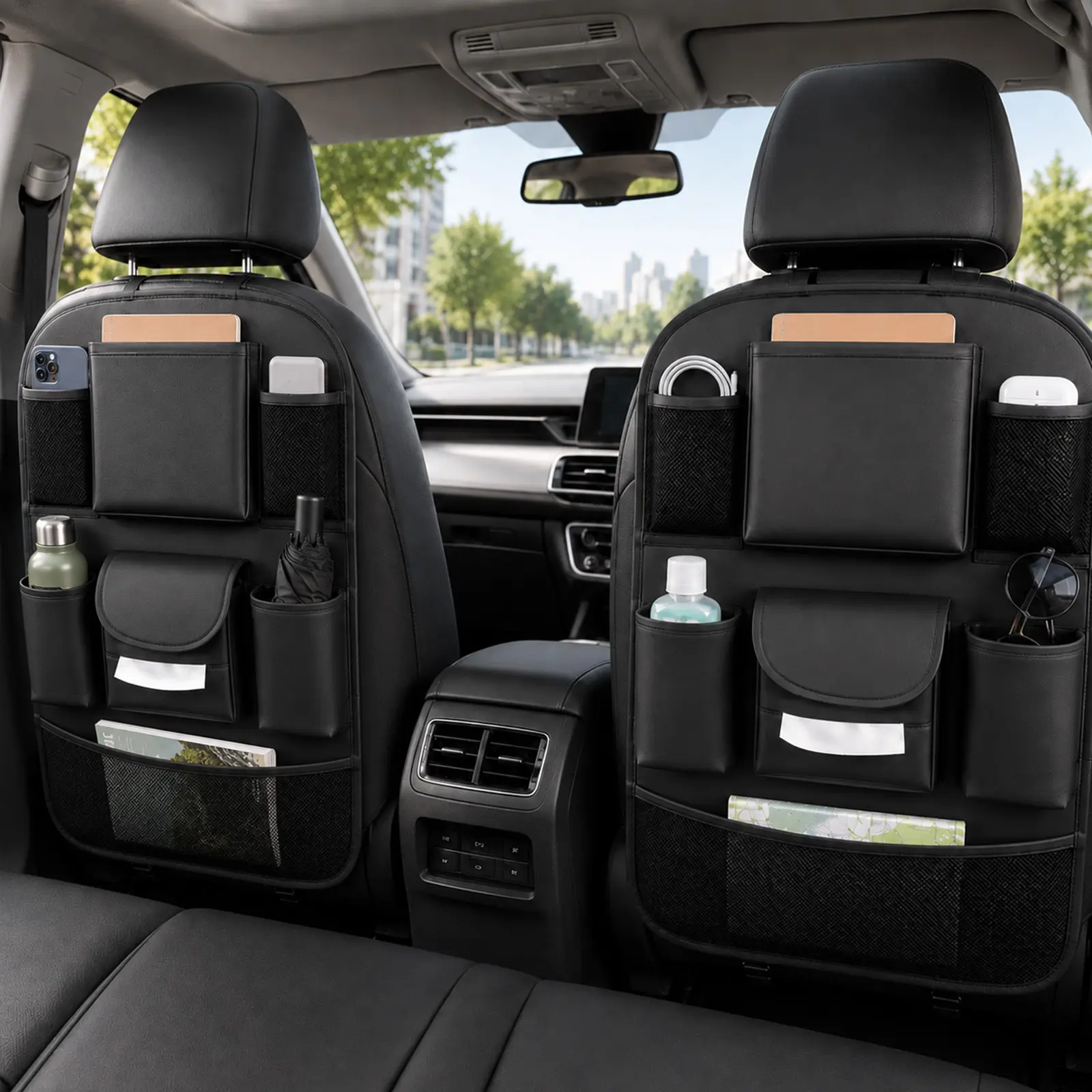 Black Car Backseat Storage Organizer - Premium, Space-Saving Interior Accessory with Touch Screen Tablet Holder, 7 Storage Pockets, Kick Mats, Entertains Passengers, for Kids Travel Essentials Stowing & Tidying