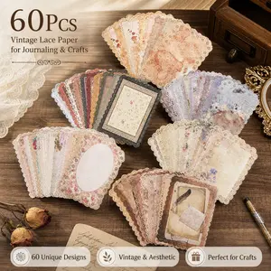 60 Sheets Lace Edge Stationery Paper – Vintage Design Assorted Set (6 Styles), 4.9”x6.9” – Ideal for Bullet Journaling, Collage, Snail Mail, Gift Wrapping, Card Making – Soft & Textured