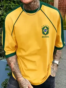 World Cup Theme T-Shirt, Brasil Logo Graphic Comfortable Durable Casual Short Sleeve, Essential for Brazil Fans, Indoor & Outdoor Wear