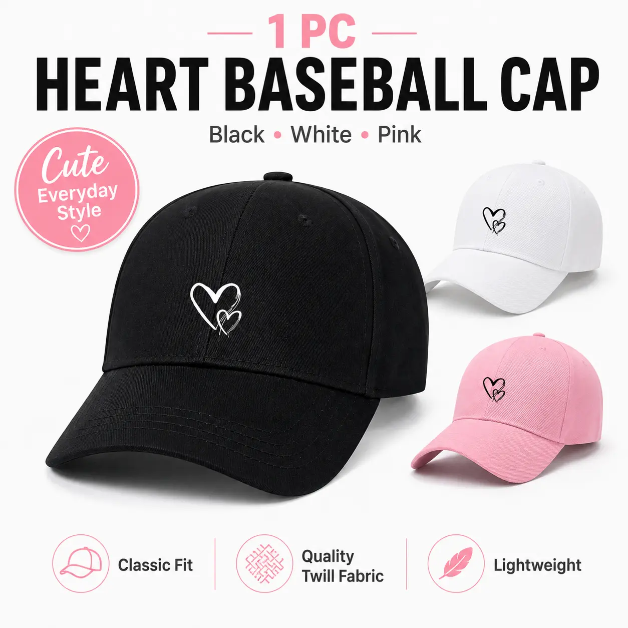 Women's Heart Motif Baseball Cap, Casual Lightweight Twill Fabric Hat with a Curved Brim for Everyday Wear, Unisex, Hook Closure, Heart Print