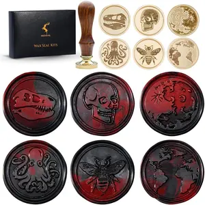 Wax Seal  Kit, Set of 6 Sealing Wax  with Brass  Wooden Handle (Moon & Sun World Map Dinosaur Skeleton Bumblebee Octopus Design)