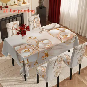 5pcs/7pcs Tablecloth & Chair Cover Set, Luxury Rose Gold Floral Printed Tablecloth and Chair Cover Combo, Stretch Chair Slipcover for Dining Table Decoration, Marble Pattern, Suitable for Dining Room / Kitchen / Banquet, 2D Flat Printing