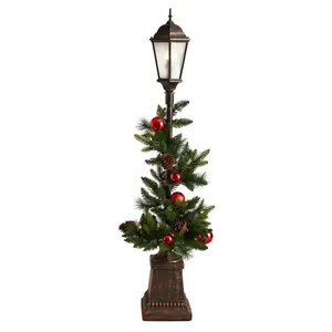 5' Holiday Decorated Lamp Post with Greenery, Ornaments and 50 LED Lights