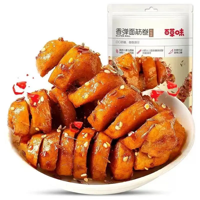 1-Pack Spicy Barbecue Wheat Gluten Rolls, Chewy Savory Plant-Based Snack, Marinated Seasoned Wheat Protein Treat, Portable Individually Wrapped Office Snack, Product of China